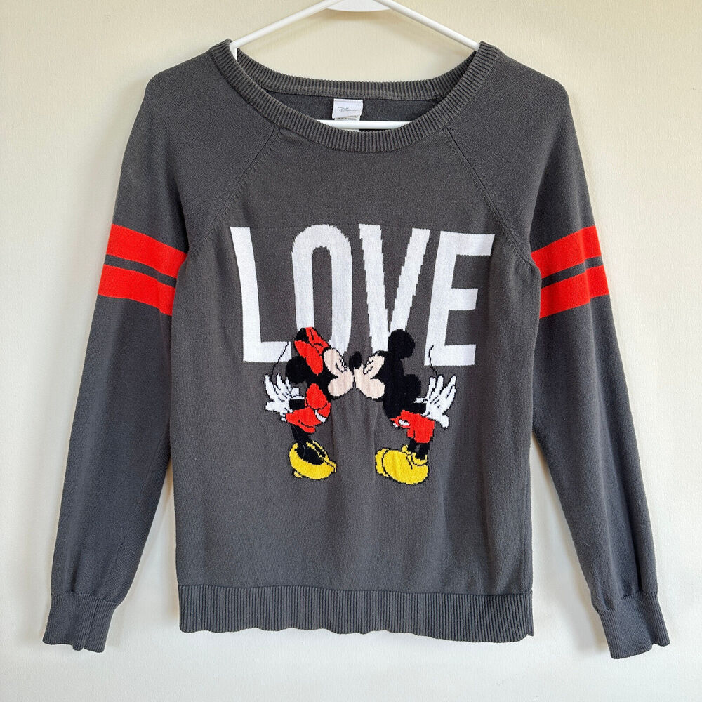 Disney Mickey Minnie Mouse Kissing LOVE Knit Sweater Valentines Day Grey XS